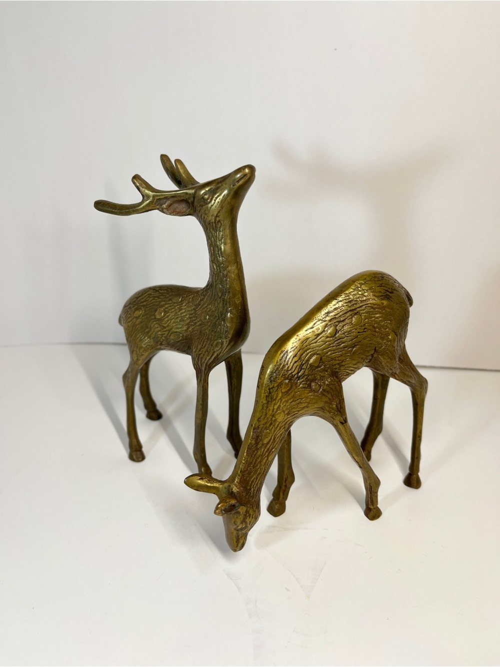 Vintage Brass Deer 7" Buck 5" Doe Set Pair MCM Figurine Figures Decor Etched